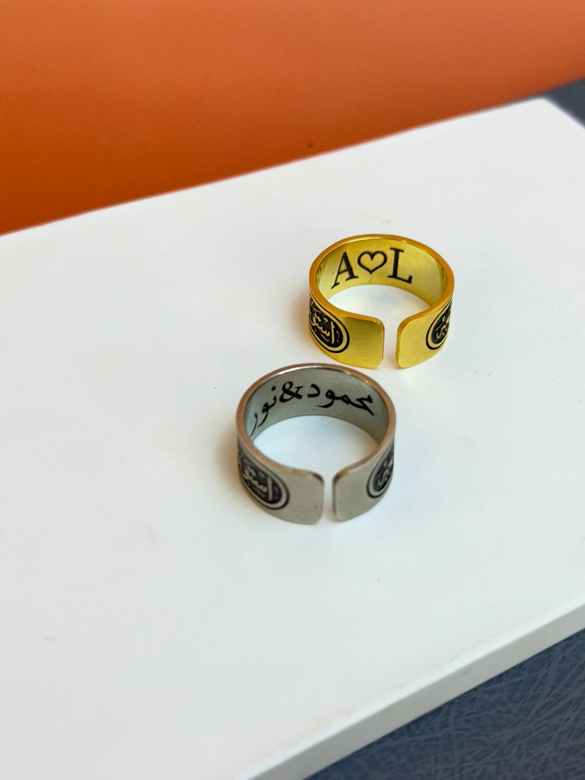 A ring with a religious phrase and laser engraving on the inside